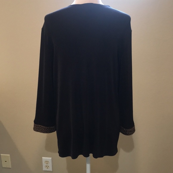 Chicos Travelers Brown Open Front Stretch Knit Cardigan with Beaded Cuffs-Size 2 - Picture 6 of 12